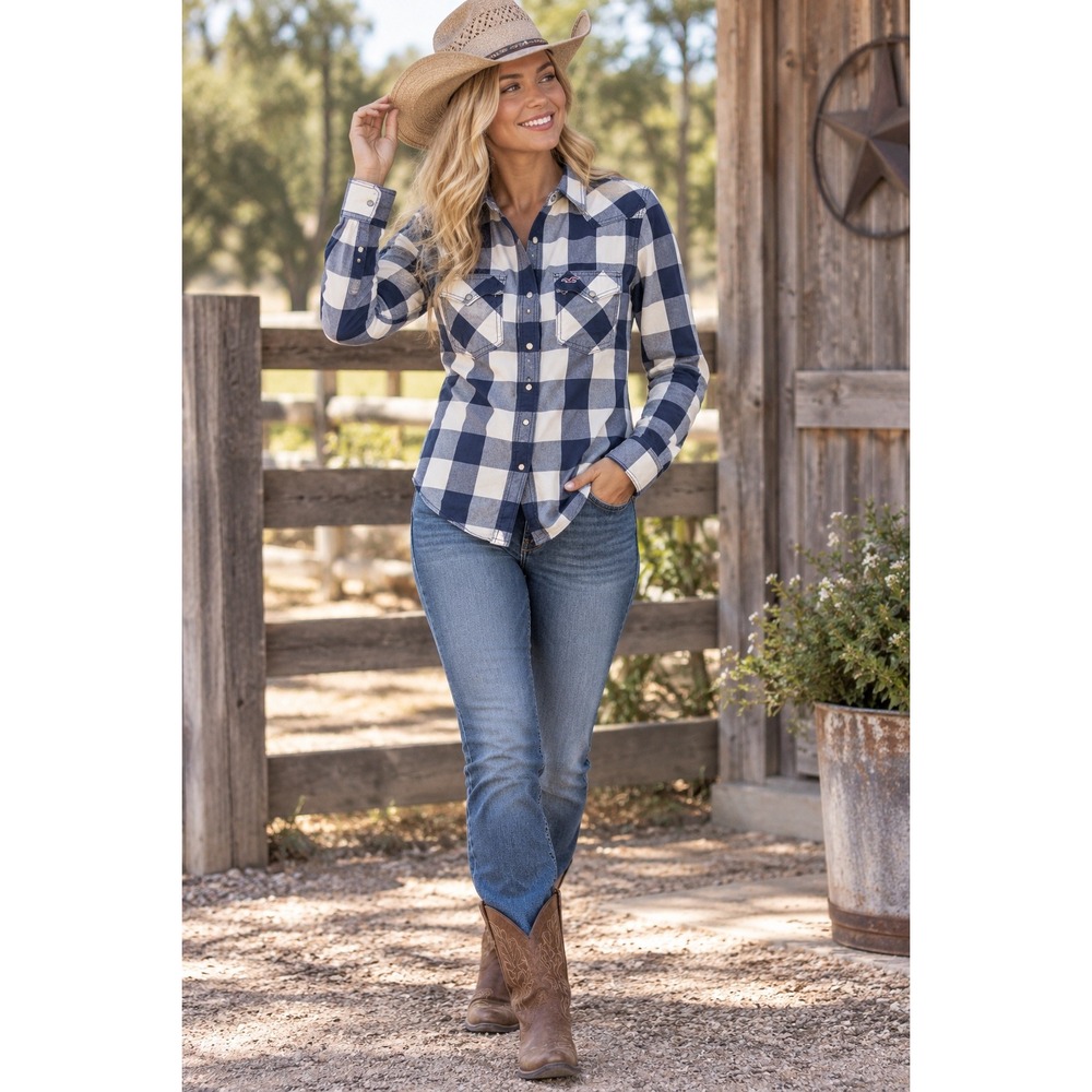 Hollister Blue White Buffalo Plaid Western Snap Button Flannel Shirt Womens M